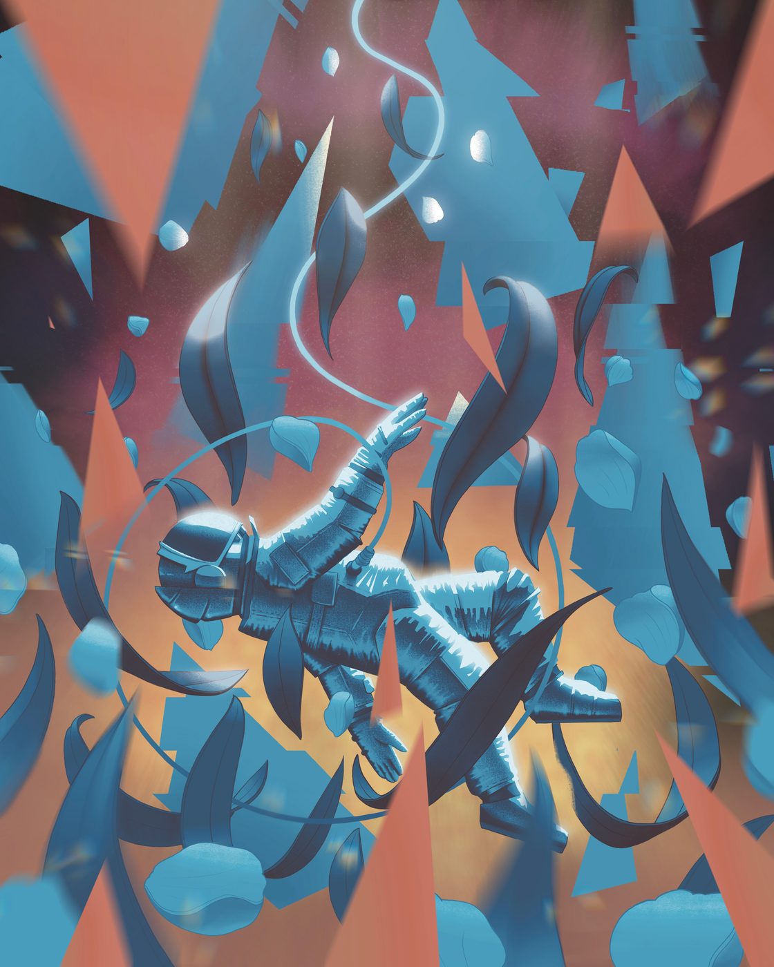 Far Away from Home, digital illustration by Adam Stephenson, 2020. A figure floating in space, tethered by a single lifeline.