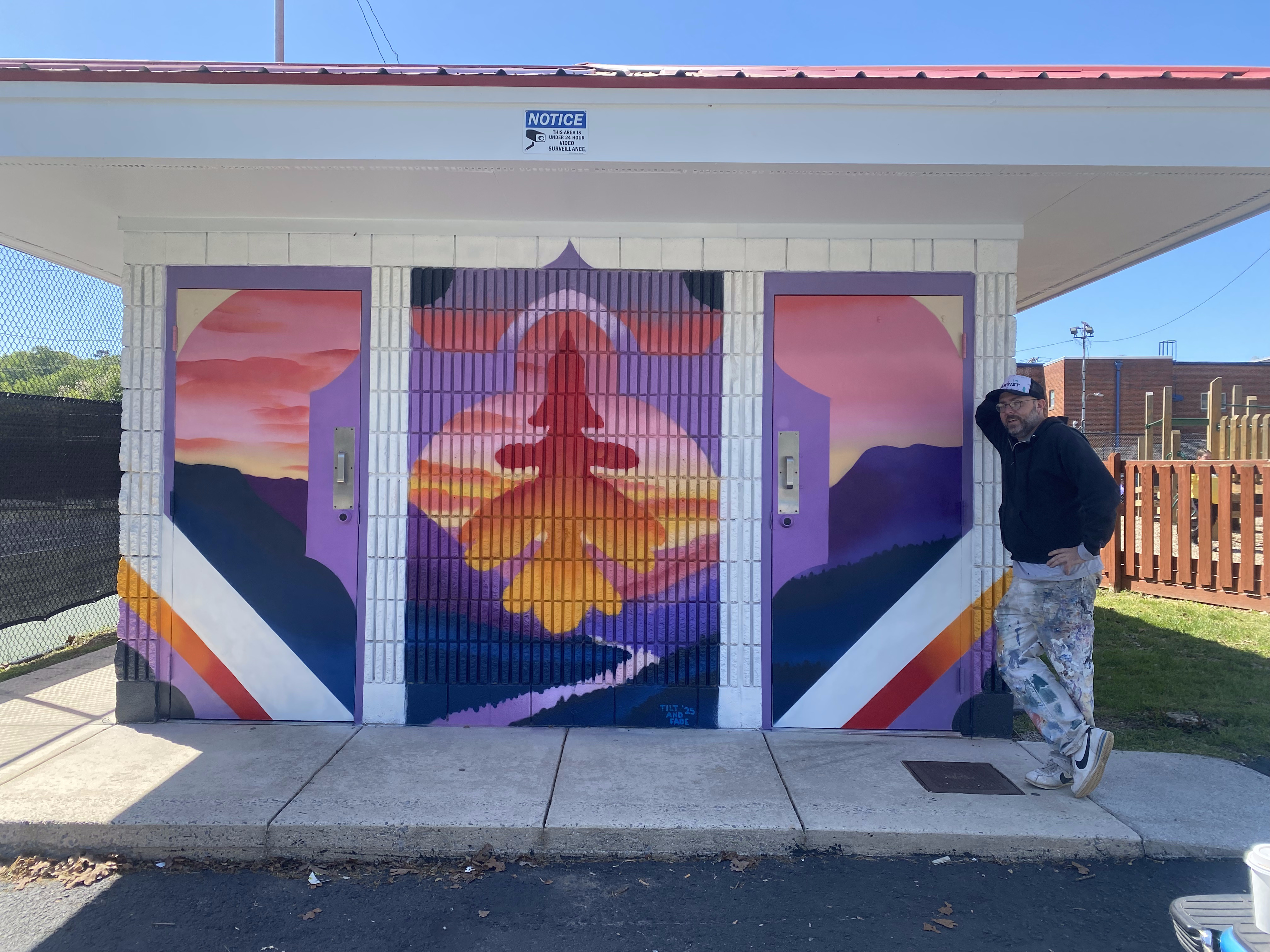 Appalachian Sunsets — public art mural by Adam Stephenson for the City of Red Bank, Tennessee (2024), full wall view