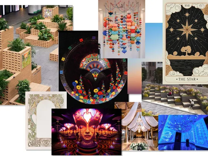 Moodboard for The Hall of the Magician: reference images collaged on a proposal page
