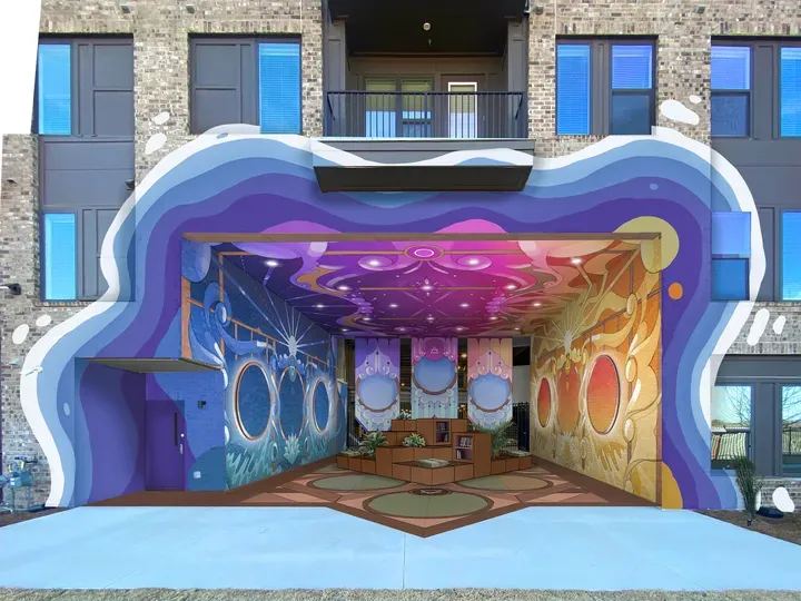 Concept mock-up of The Hall of the Magician painted onto a photo of the Upton breezeway