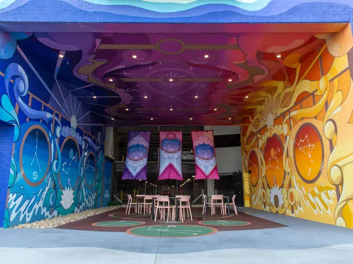 The finished Hall of the Magician at The Upton, Atlanta, seen from outside the breezeway