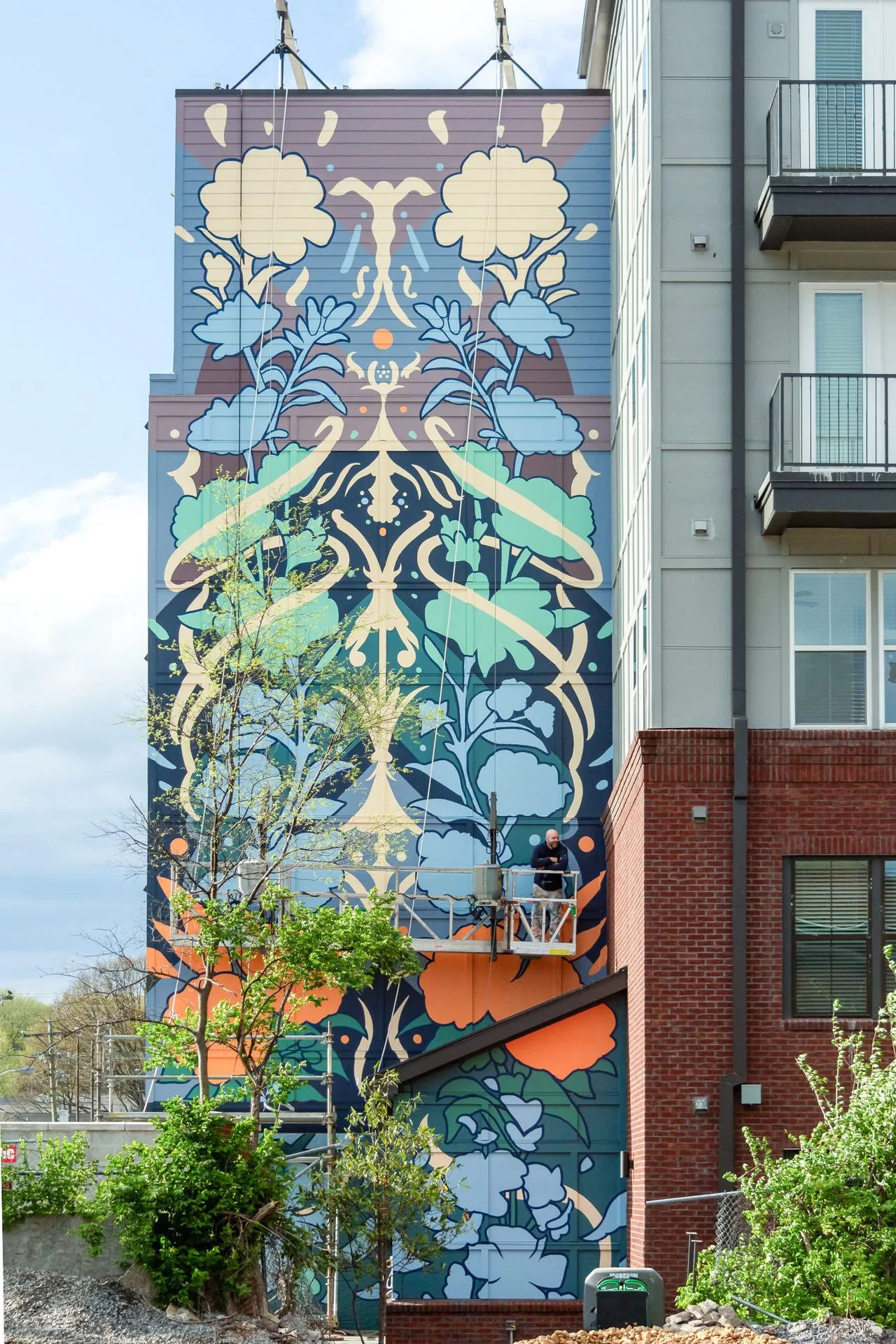 The Scottie — multi-story mural by Adam Stephenson at a RangeWater luxury development in Nashville, Tennessee (2024), Victorian ornament panel detail